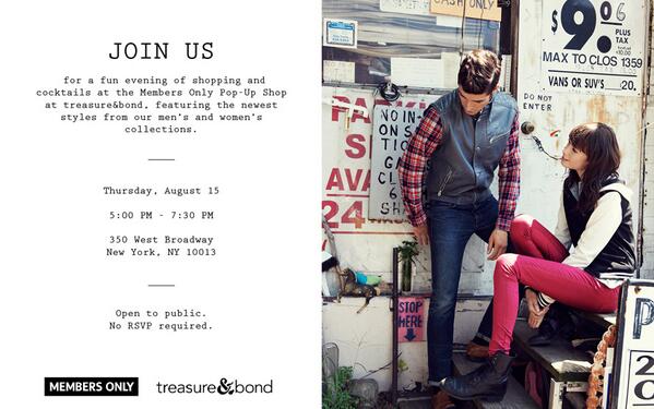 Treasure_Bond's tweet photo. Today's the day! Join us for a shopping event with @MembersOnlyUSA from 5pm to 7:30pm. See you here! http://t.co/khmpKNiv9j