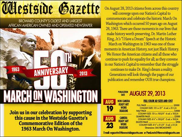 BrowardNPHC's tweet photo. Westside Gazette remembers and honors the 50th anniversary of the March on Washington.  Buy ad to show your support. http://t.co/2LOW1Vq7TZ