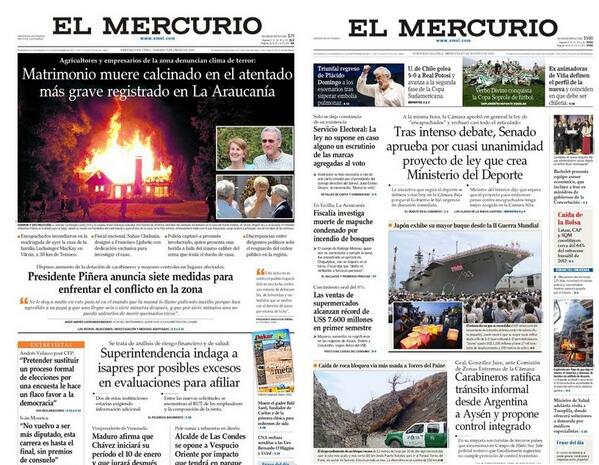 Las diferentes portadas del Mercurio, según muere un Melinao o un Luchsinger