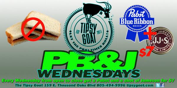 Come join us for our PB&amp;J Wednesday, where you can get a Pabst and a shot of Jameson for $7! GET GOATED!
