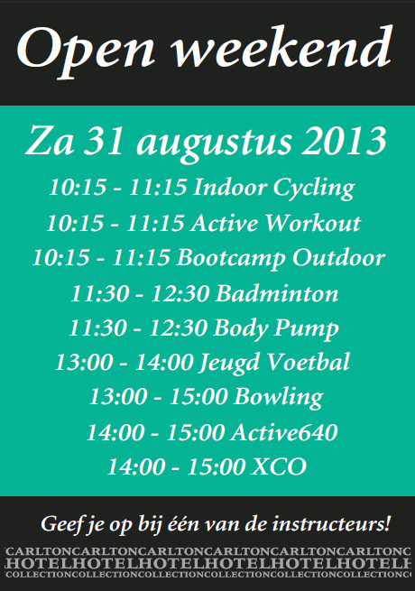 HUPsport's tweet photo. Programma #fitness en #groepsles voor open weekend op za 31 aug! Geef je nu op via 0492 - 67880, iedereen is welkom! http://t.co/DqICIqYc7R