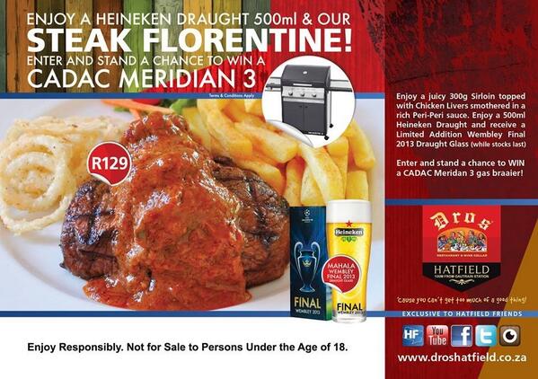 DrosHatfield's tweet photo. Enjoy our Steak Florentine and receive a Heineken draught aswell as a Heineken glass to take home. @DrosHatfieldPta http://t.co/rSN2CwQUL4