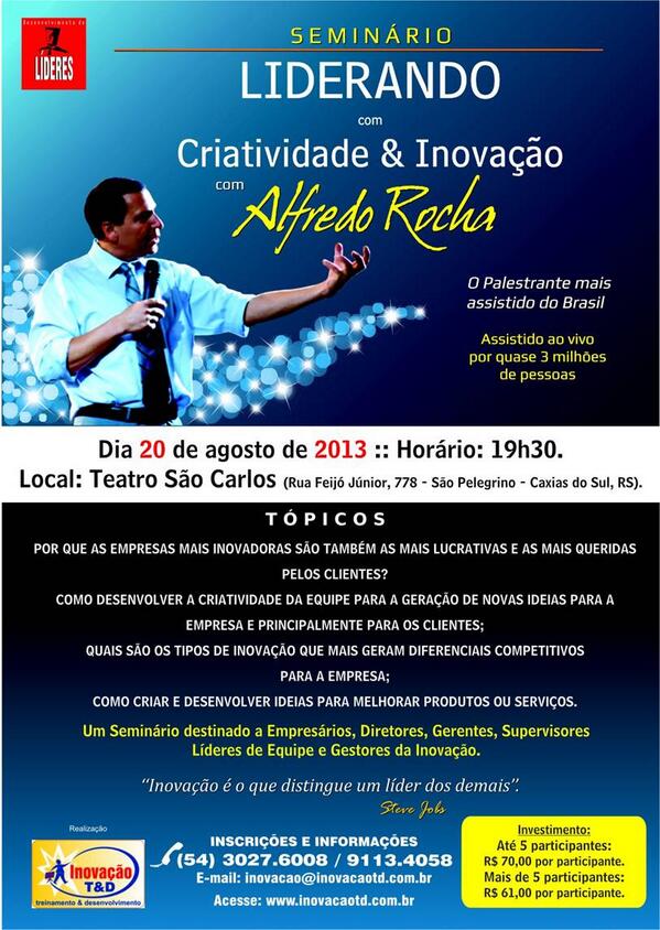 Dia 20 de agosto tem Palestra com Alfredo Rocha no Teatro São Carlos!