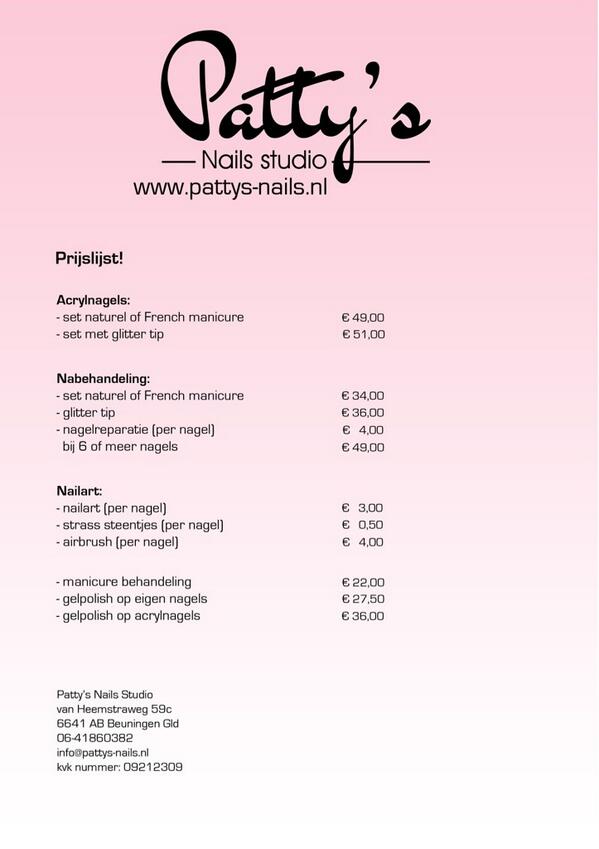 blad Versterken Interactie Patty`s Nails Studio & Groothandel on Twitter: "Prijslijst!#nagelstudio  #beuningen #rt #volgers #nagels #nails #acrylnagels #gelderland #nieuws  http://t.co/F5S7ksedi2" / Twitter
