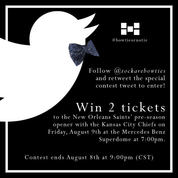 RockAveBowTies's tweet image. WIN two @Saints tickets for tmr's game. FOLLOW @RockAveBowTies &amp;amp; RT this to enter! #bowtieornotie