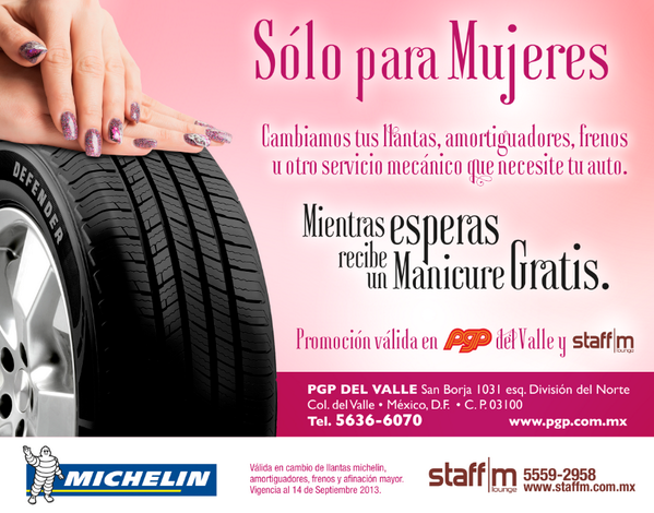 staffmlounge's tweet photo. Una promoción pensada solo para mujeres,
Promoción Válida en Proveedora PGP Del Valle, Michelin y Staff M Lounge http://t.co/RvCdXhuX6p
