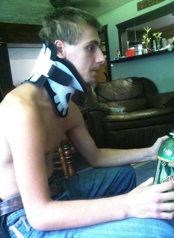 he had that halo on for a little over a month, almost two. then, he finally got it off, and got a neck brace on (: