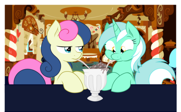 PonyBonBon's tweet photo. Hey ! Une petite photo en passant, on a bu un bon milkshake avec Lyra qui a fini par s'étouffer.. ahm. http://t.co/Qrn4bmZWFz