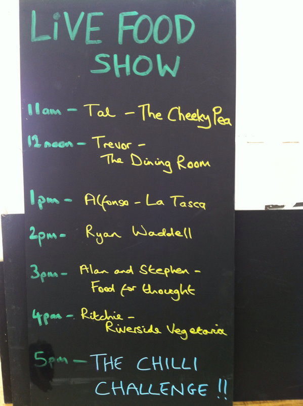 KingstonFoodFst's tweet photo. Here's tomorrow live food show line up plus the #chilli challenge http://t.co/GjRg9qGdli
