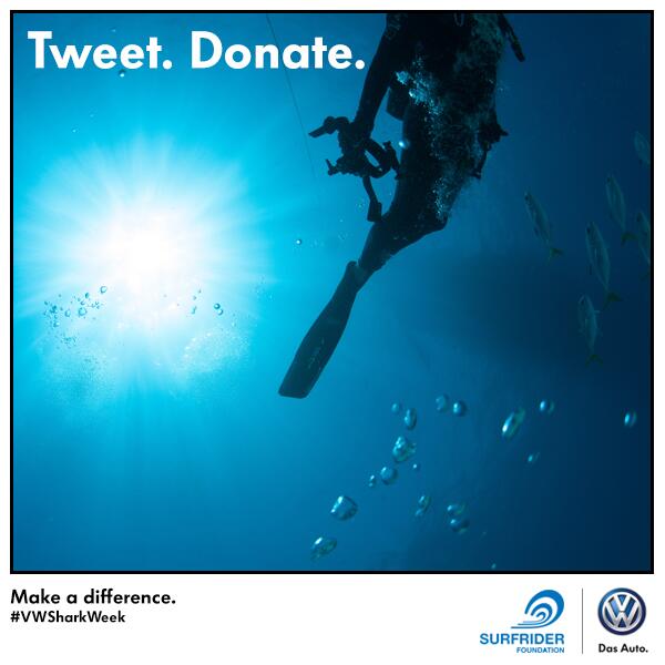 VW's tweet photo. Help protect our oceans by using #VWSharkWeek. We'll donate $2 to @Surfrider for each Tweet, up to $50K! Please RT. http://t.co/cYpW1eWGRB