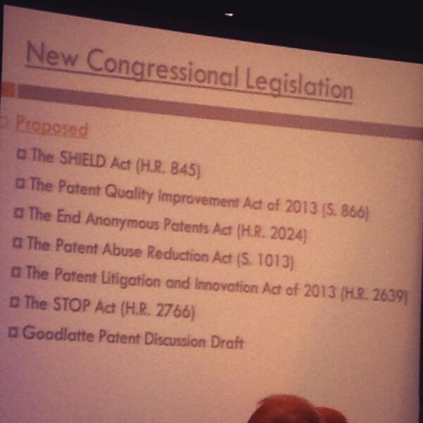 Prof David Franklyn of <a href="/USFNEWS/">USF News</a> shows summary of patent troll legislation at #abaannual Mark Banner lunch #patent