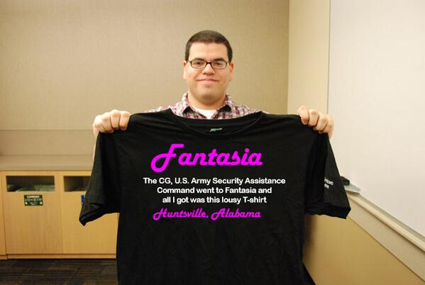 ArmyPRFlak's tweet photo. Someone went to Fantasia and all I got was this lousy T-shirt.... http://t.co/XOTRZeaCu8