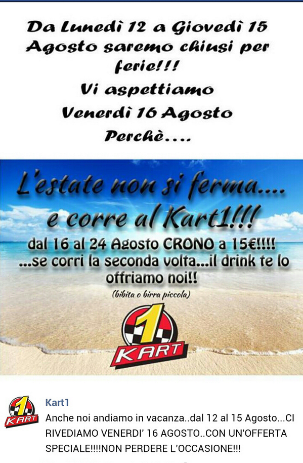 Kart1Italy's tweet photo. Ci rivediamo dal 16 Agosto con un offerta tutta da "Correre"... http://t.co/qZo6SRYkGZ