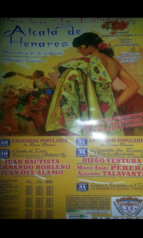 ATalavante's tweet photo. Cartel de la Feria de Alcala de Henares (Madrid)con una corrida en la q toreara Talavante con Diego Ventura y Perera. http://t.co/jii07CdTIx