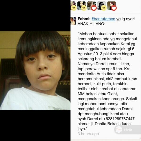 Tolong bantu RT ya tuips. Siapa tahu ada yg melihat anak hilang ini. Suwun. :)