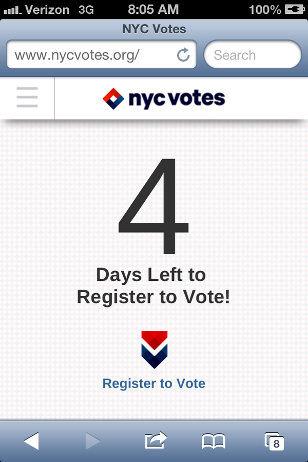 NYDNPolitics's tweet photo. Reminder: time is running out to register to vote for #nyc2013. See http://t.co/yqaevv3HWJ for info http://t.co/ItY1lNXLWI