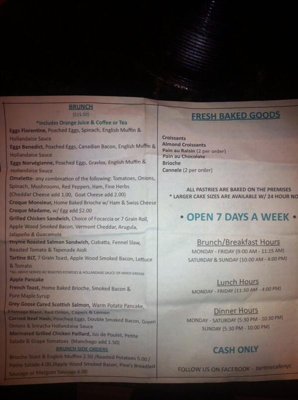 Brunch menu of Tartine...