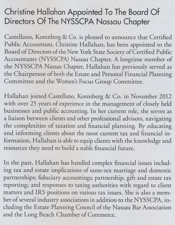 C_KandCo's tweet photo. Mann Report Management covers Christine Hallahan's appointment to the NYSSCPA Board of Directors in Nassau County http://t.co/xE0xmJddFK
