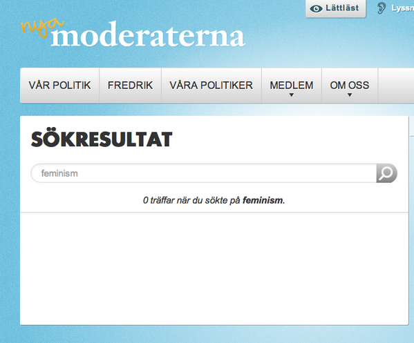 LinaT's tweet photo. Blev också sugen på att söka på "feminism" på partiernas sajter. Så här ser det ut hos @nya_moderaterna: (0 träffar) http://t.co/qcfb4Sf8wD