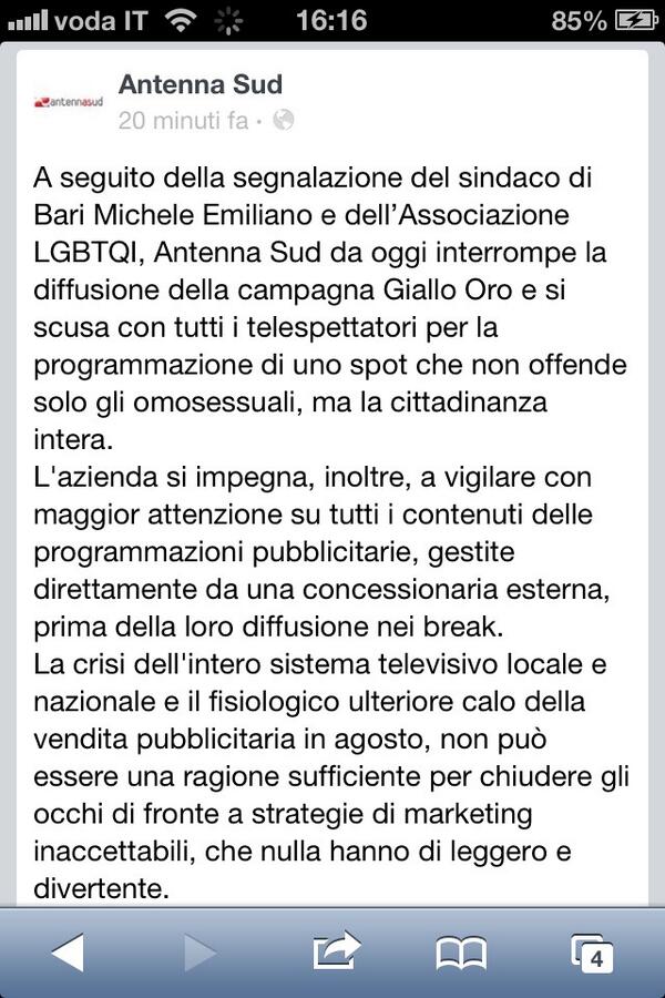 BetweenProject's tweet image. L'ente televisivo Antenna Sud, sospende la messa in onda dello spot omofobo @micheleemiliano