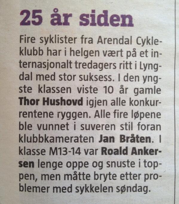 Knootte's tweet photo. En gang ung og lovende @ThorHushovd #4seierepå1helg#sterkt#vinnerfortsattritt#2sykkel@agderposten http://t.co/OYEjMSdGyl