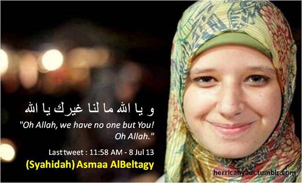 afifahafra79's tweet photo. Twit terakhir #AsmaBeltagy remaja 17 tahun yang ditembak militer Mesir #EgyptMassacre http://t.co/38OL0S2j1X