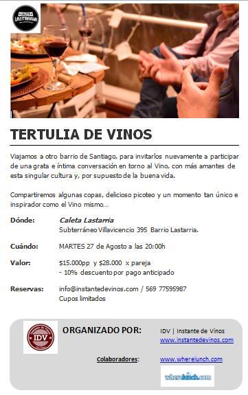 fervalenmo's tweet photo. @foodchile A agendarlo!! Próximo MARTES 27-Ago,20h en @CaletaLastarria, será "3a Tertulia de Vinos" http://t.co/lF3LxlnDJU Los esperamos!