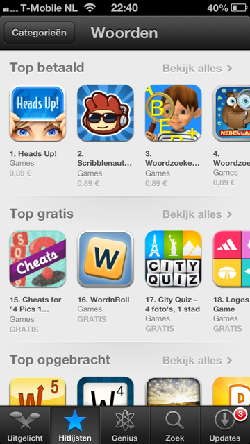 WordnRoll's tweet photo. Word puzzle game WordnRoll for iPhone &amp; iPad is now listed nr 16 of 100 in Top Free Word Apps in the Dutch Appstore:D http://t.co/VMXLqNa6qh