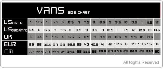 van shoe size chart