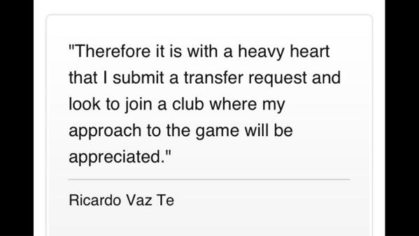 WHU_Jake's tweet photo. Today is indeed a sad day. #whu #whufc #coyi @ricardo_vaz_te http://t.co/5h5IYNt9Ka