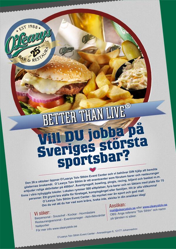OLearysTolv's tweet photo. Nu söker vi #personal. Sök #nyttjobb hos oss! Skriv tjänsten du söker i ämnesraden och maila till mail@olearystolv.se http://t.co/CvdqvCTGd7