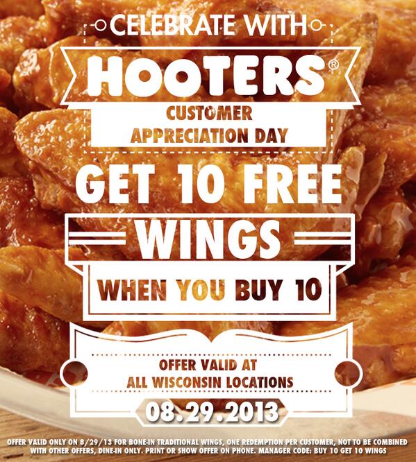 HootersMadison's tweet photo. Customer Appreciation Day! Stop in for lunch or dinner and get your 10 free wings when you buy 10! #stepintoawesome http://t.co/w2lNpAAgAp