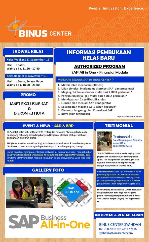 BCSyahdan's tweet image. BINUS CENTER SYAHDAN membuka kelas TRAINING SAP ALL IN ONE dan diskon sampai dengan 1JUTA!! #SAP #SAPA1 #SAPallinone