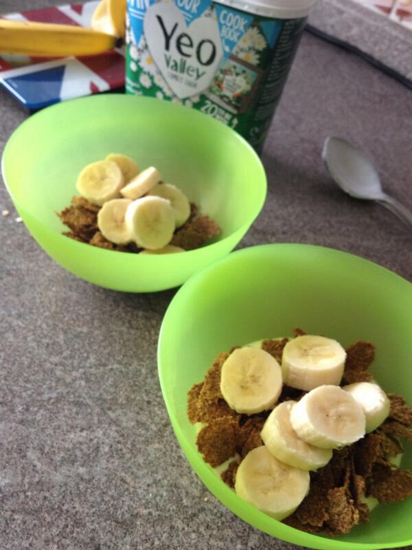 The twins' choice of breakfast... Branflakes, natural yoghurt and banana. #win!!!