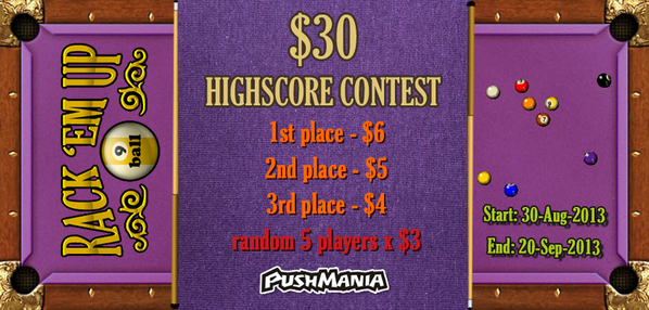 PushMania's tweet image. Play RACK ‘EM UP 9 BALL game and #win #money $30 in #contest from #PushMania: on.fb.me/YFa3vZ