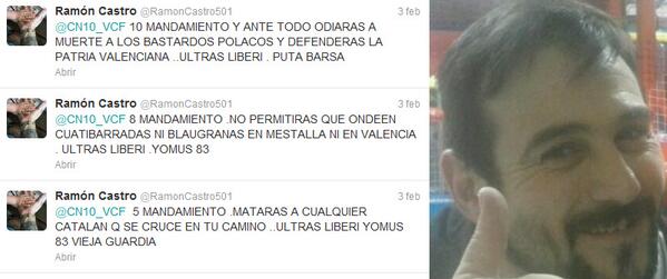 AturemElFeixism's tweet photo. Ramón Castro (responsable Yomus-Curva Nord): "Mataras a cualquier catalan que se cruce en tu camino" @AntifeixistesPV http://t.co/D5KtjMQwOK