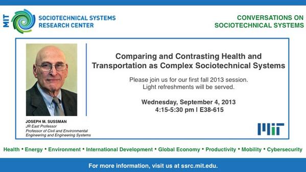 MITSSRC's tweet image. Curious about #sociotechnicalsystems? Join us 9/4, E38-615, 4:15-5:30 to discuss overlaps of health &amp;amp; transportation: