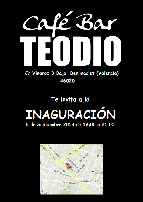 teodio_cafebar's tweet photo. Os esperamos en la inaguración de café bar Teodio, el viernes 6 de septiembre 2013!! http://t.co/JvJrDTyc8K