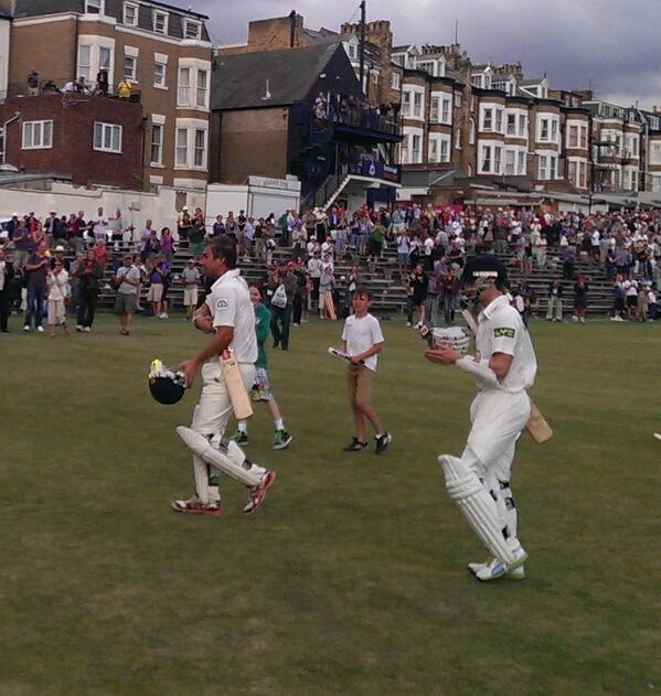 Phil Jacques and Kane Williamson head off after their 260 run partnership. #welldeservedpint. #scarbados