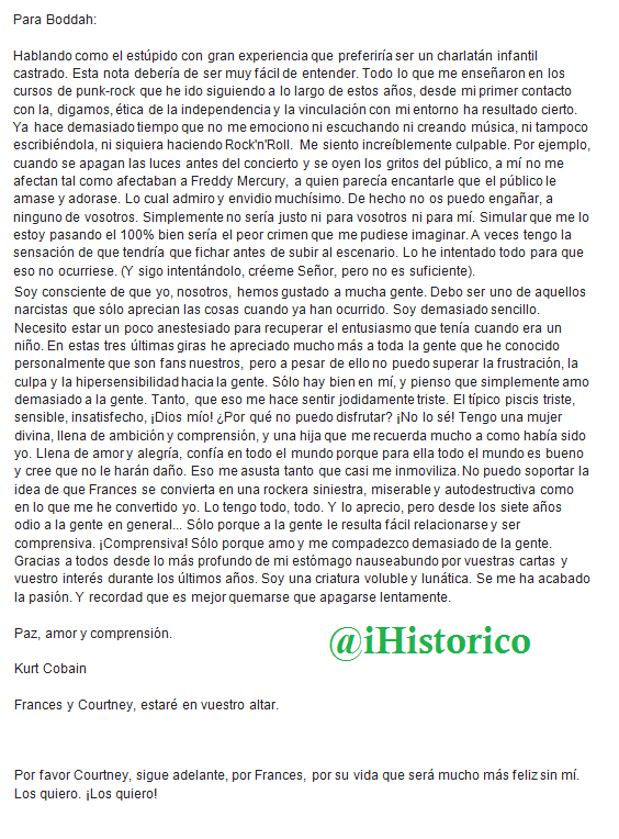 iHistorico's tweet photo. Ya que algunos la habéis pedido, aquí tenéis la traducción de la carta de suicidio de Kurt Cobain. http://t.co/bgCKvNGx2y