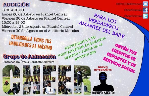 CheerCemuaa's tweet photo. A toda la comunidad estudiantil de @bachUAA las audiciones para el grupo de animación están cerca 👯 http://t.co/SwgrjkVpUs