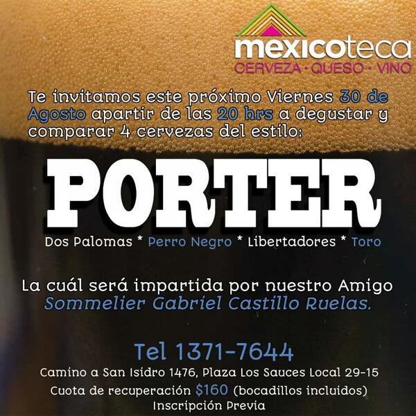 Mexicoteca's tweet photo. 30 de agosto, 4 Porter, 1 Somelier. $160 @EnGuadalajara @LibertadoresMX @DosPalomas1 @cervezatoro @PerroNegroBeer http://t.co/0lg5Z8OOUl
