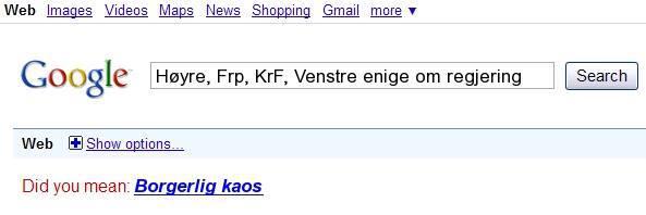 Hehe, nå kaller til og med Google samarbeid mellom Høyre, Venstre, Frp og KrF for #borgerligkaos.