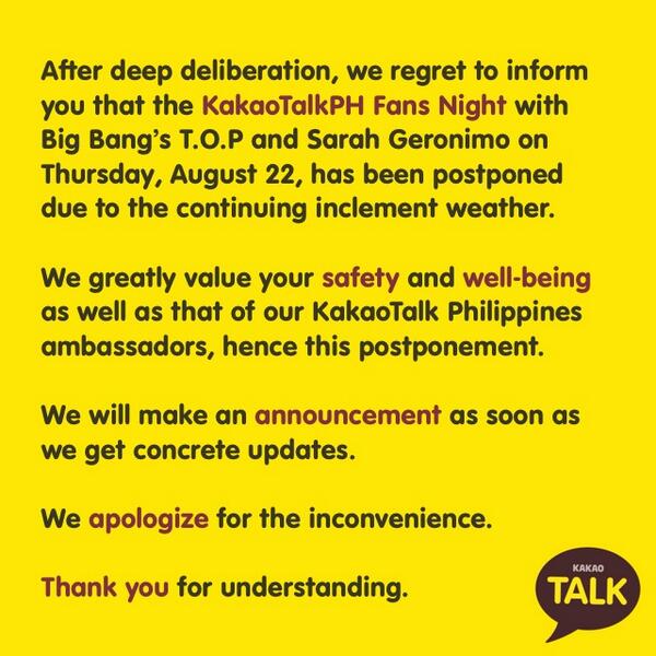 [20/8/13][News] Fanmeeting của Kakaotalk tại Philippines bị hoãn do thời tiết xấu BSGhXOECUAA91rv