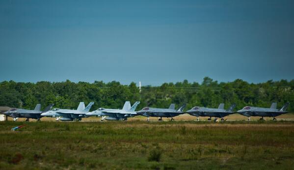 All three F-35 variants along with 2 F/A-18 Hornets line up prior to take off Aug 14 at #Eglin! #flyfightwin