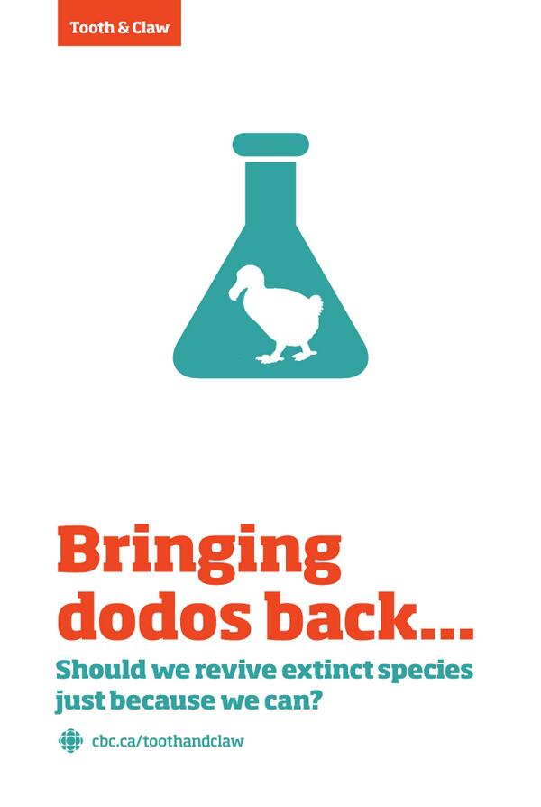 CBCToothandClaw's tweet photo. Should we revive extinct species --Jurassic Park style-- just because we can? Catch the debate Tues930am&amp;Thurs730pm http://t.co/Ep1Wd7XjkT