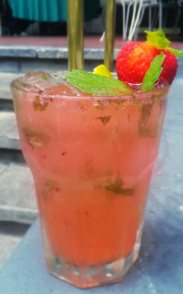 It's #hot &amp; #humid today, come in for our #HappyHour from 5-7pm and order a refreshing Strawberry #Mojito!