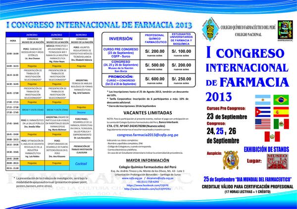 CQFPE's tweet photo. INVITACIÓN AL I CONGRESO INTERNACIONAL DE FARMACIA 2013 - FECHAS: 23, 24, 25 Y 26 DE SEPTIEMBRE-MUSEO DE LA NACIÓN http://t.co/2LReOi1N6p