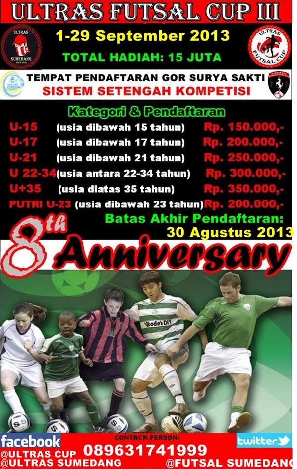 Tiap kategori dibatas 24 tim. Ayo daftrkan tim Futsal kamu. <a href="/infolapangan/">Futsal Bandung</a> <a href="/futsalindo/">futsalindo</a> <a href="/GendingFutsal/">Gending Futsal</a> <a href="/MayasariFutsal/">mayasari sport hall</a>