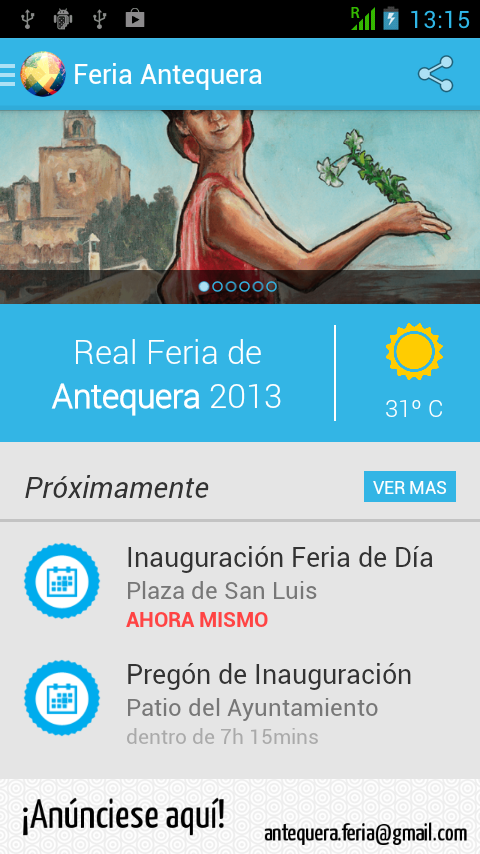 FeriaAntequera's tweet photo. @viveandalucia ¡Comienza la Real Feria de Antequera 2013! Síguela con todo detalle gracias a la app para Android. http://t.co/F4YTbecqbQ
